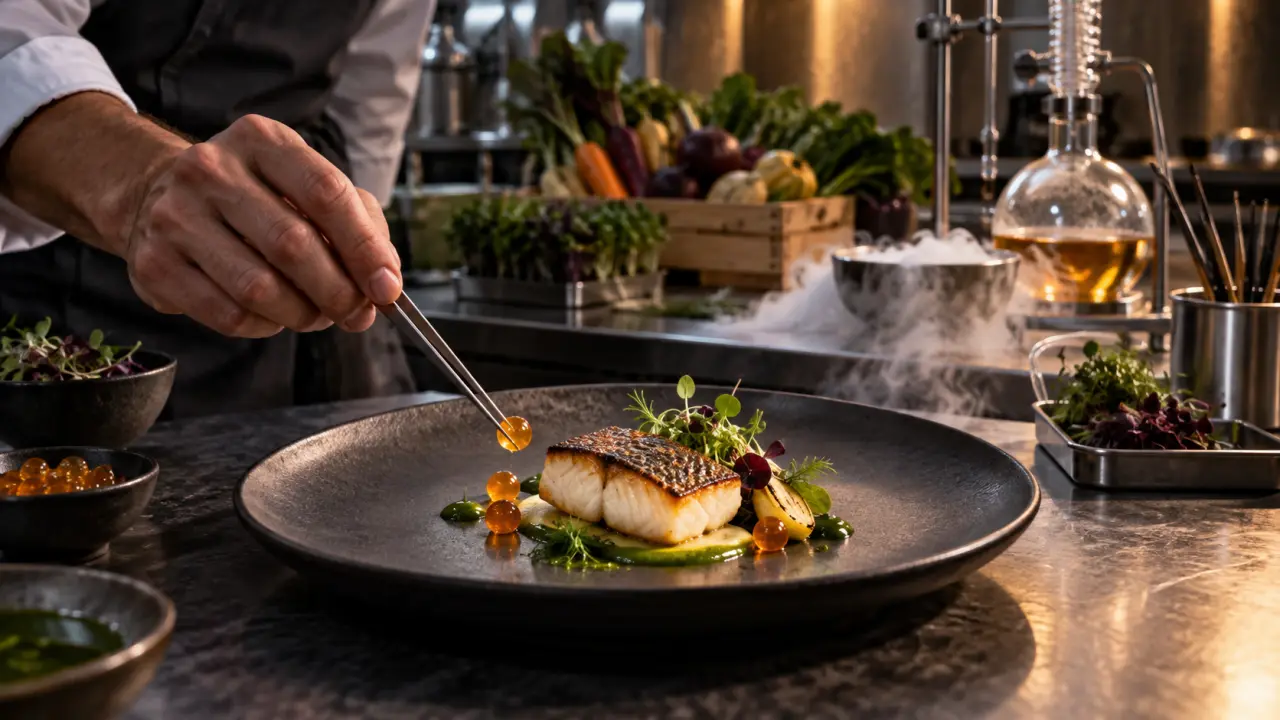 Sphère culinaire brillante dans une assiette noire, au cœur d'une cuisine expérimentale