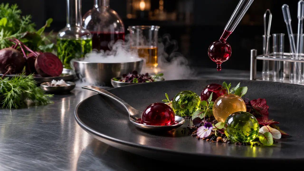 Sphères culinaires colorées dans une assiette de gastronomie expérimentale
