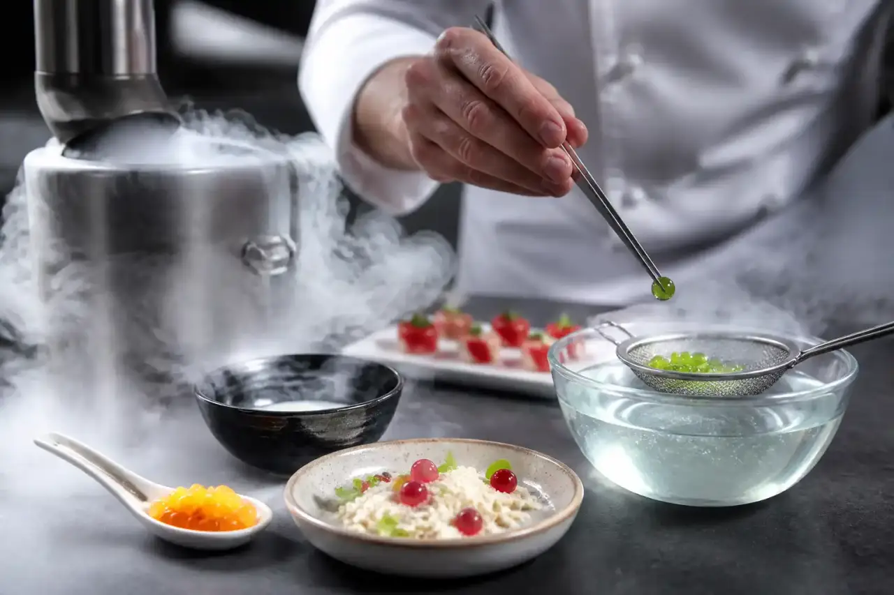 Photographie de gastronomie moléculaire avec éclairage dramatique et fumée d'azote liquide