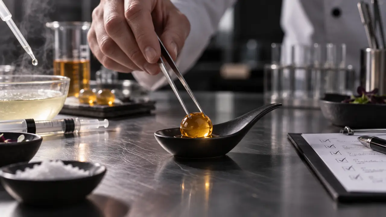 Sphères culinaires colorées déposées avec précision sur une assiette noire