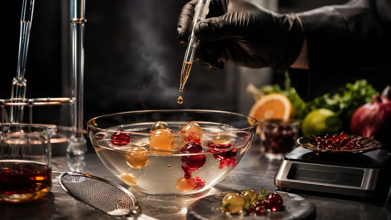 Perles de sphérification colorées déposées dans une assiette de gastronomie expérimentale