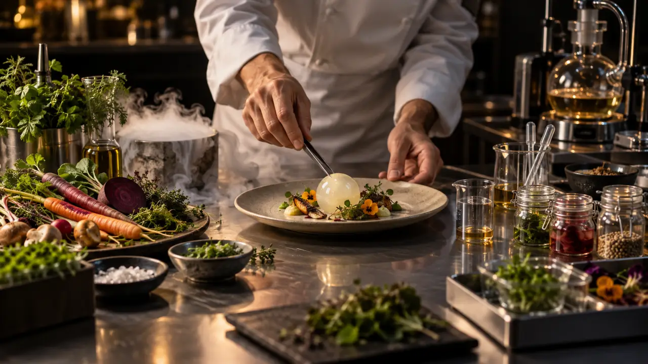 Assiette de cuisine expérimentale dans une ambiance de laboratoire gastronomique
