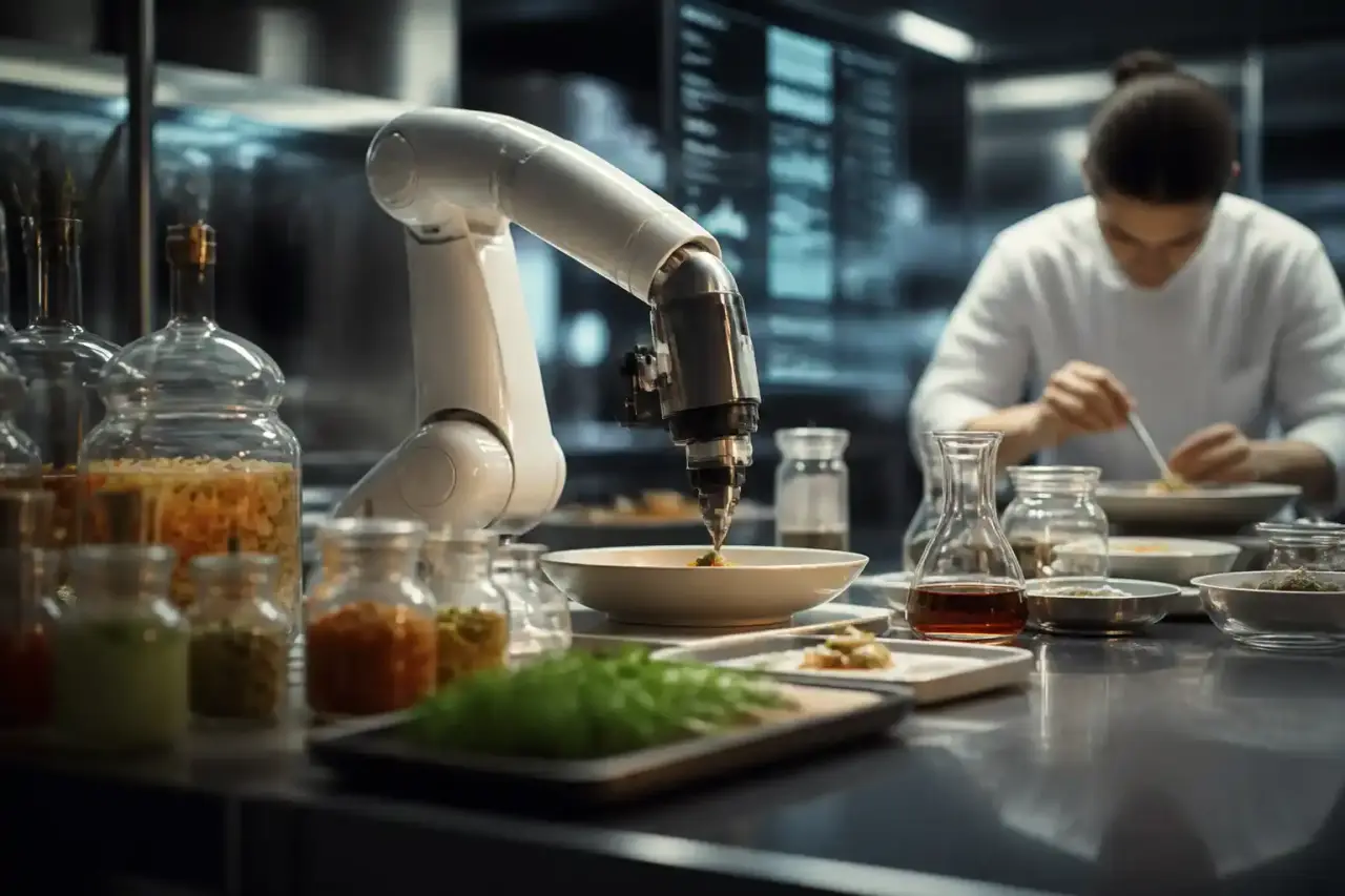Plat de gastronomie moléculaire en clair-obscur, fumée d'azote subtile et assiette noire texturée