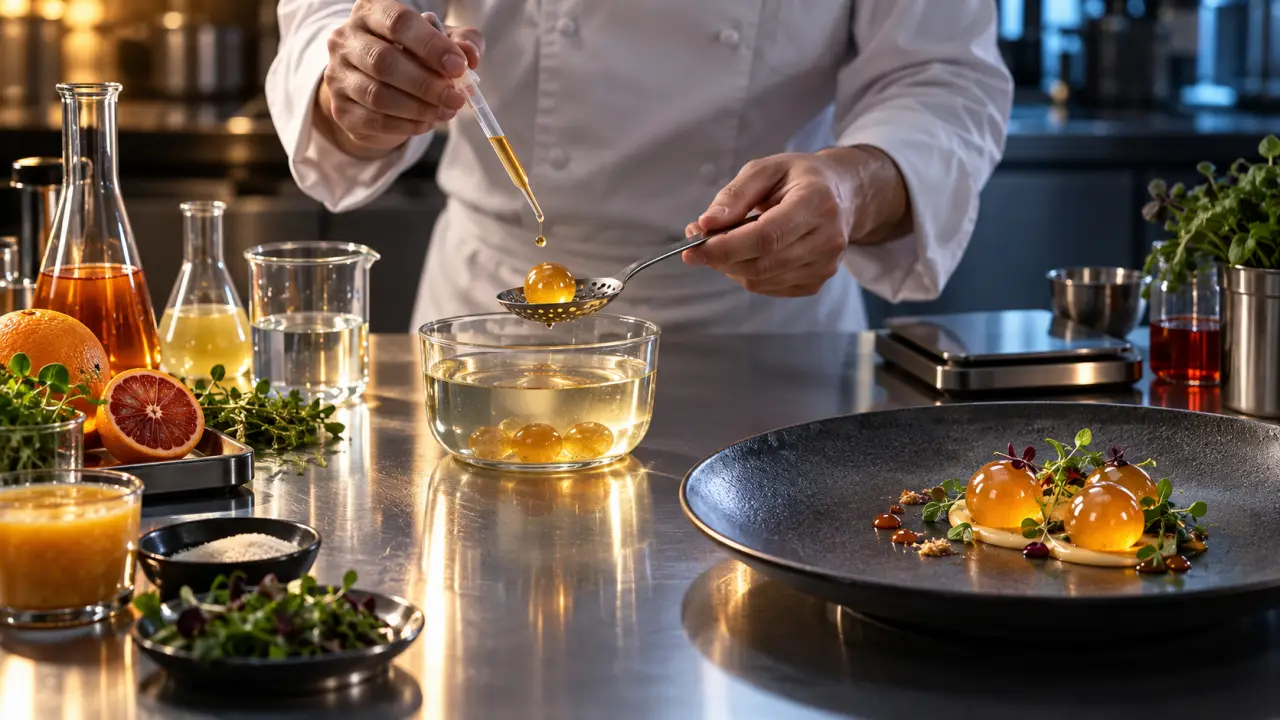 Sphères culinaires colorées dressées dans une assiette noire de gastronomie expérimentale